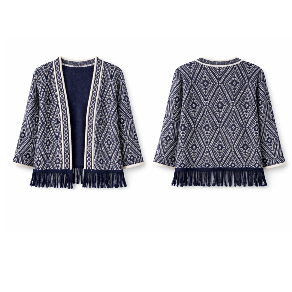 Ruby Rd. Navy and White Geometric Fringe Cardigan - Picture 2 of 15